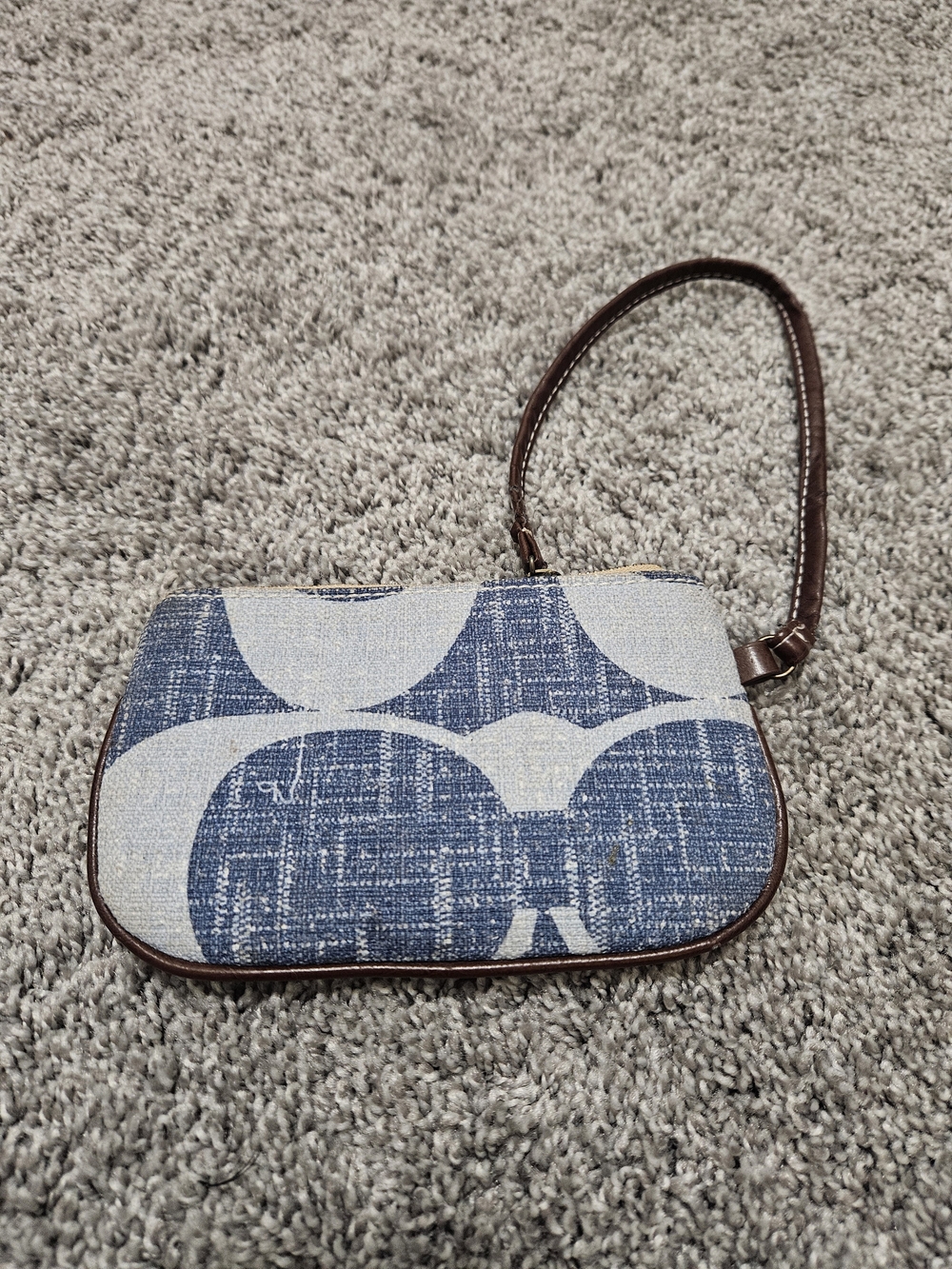 Blue Patterned Wristlet Clutch with Brown Trim